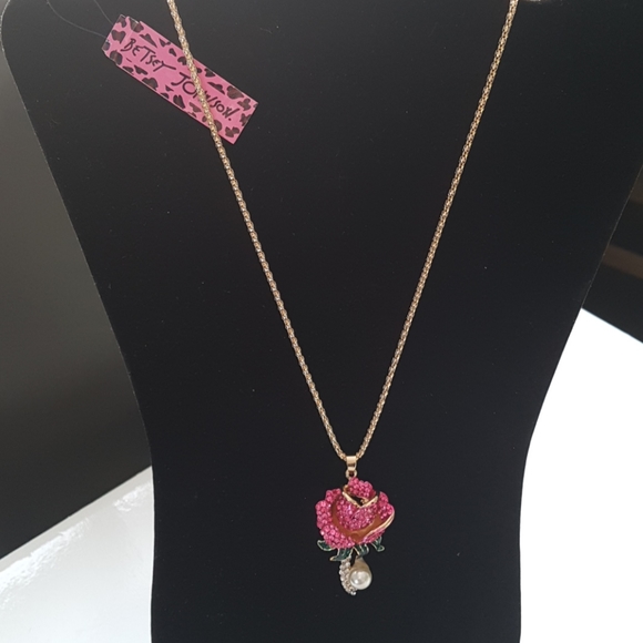 Betsey Johnson Style Necklace Crystal Rose Pendant Chain with Pearl - Picture 4 of 15
